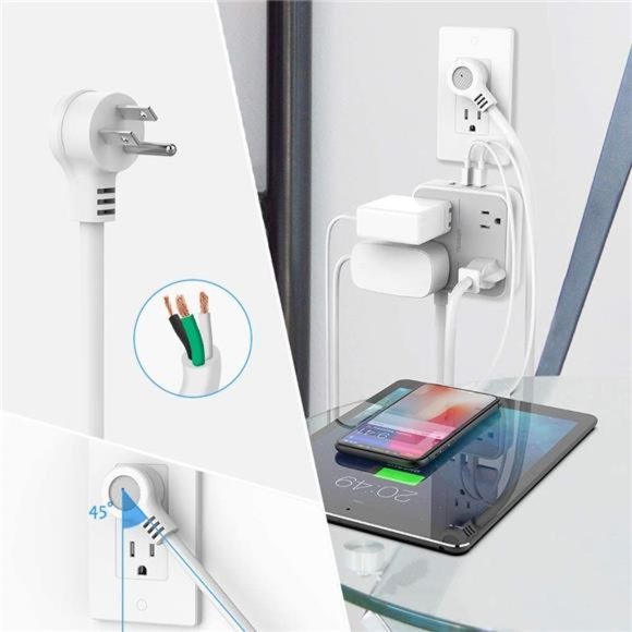 Power Strip with 3 USB Ports, 5 ft Extension Cord Flat Plug with 4 Outlets - Picture 4 of 6